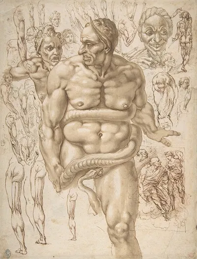 Nude Demon Encircled by a Serpent, after Michelangelo's Last Judgment by Giovanni Ambrogio Figino, 1548–1608 — digital art…