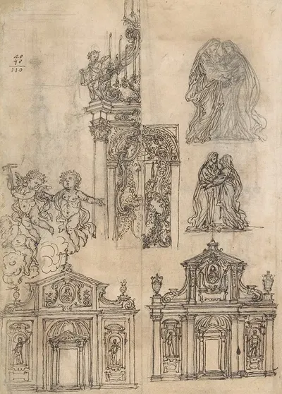 A Sheet of Studies with Architectural Motifs and Two Sketches for a Visitation by Giovanni Battista Foggini, 1652–1725 —…