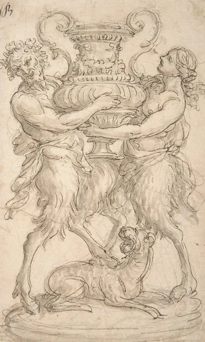 Design for a Sculpture consisting of a Satyr and Satyress holding a Vase by Giovanni Battista Foggini, 1652–1725 — digital…