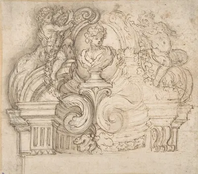 Design for an Overdoor or the Top of a Niche with a Bust and Garland-bearing Putti by Giovanni Battista Foggini, 1652–1725…