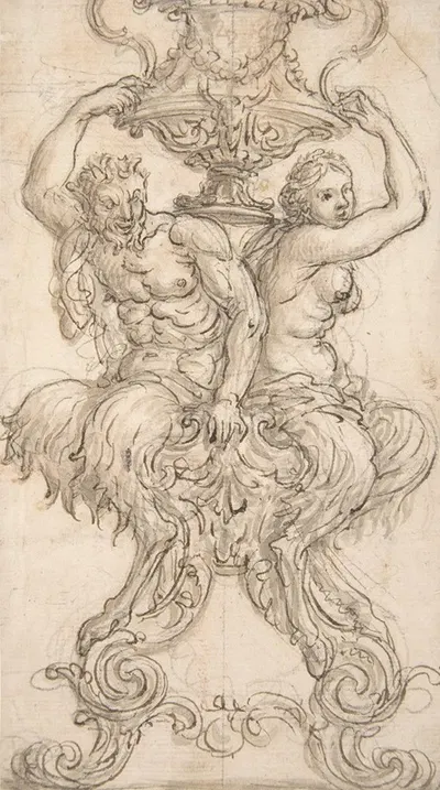 Satyr and Satyress Seated on a Pedestal Supporting a Vase. by Giovanni Battista Foggini, 1652–1725 — digital art print…