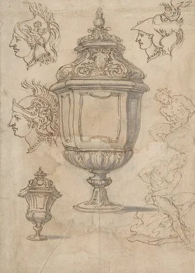 Sheet with sketches and designs for two vases, three classical heads en profil and two slave figures by Giovanni Battista…