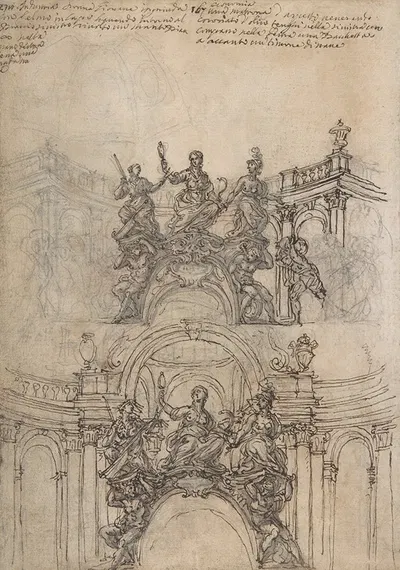 Studies for a Sculpture with Figures of Prudence, Industry and Economy Supported by Slaves and an Oval Plaque with…
