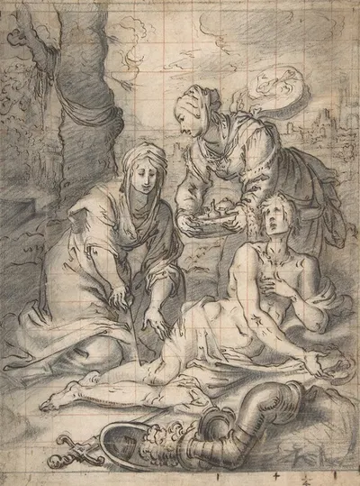 Two Women Annointing the Wounds of Saint Sebastian by Giovanni Biliverti, 1585–1644 — digital art print download