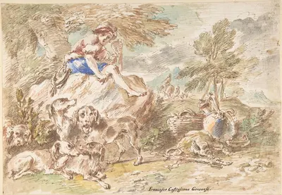 Young Hunter with His Dogs in a Landscape by Giovanni Francesco Castiglione, 1641–1710 — digital art print download