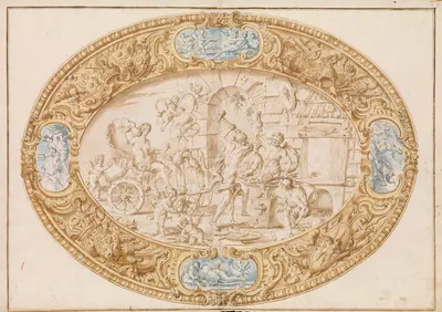 Design (Full-Scale Working Drawing) for a Large Oval Silver Dish with Silver Gilt Border Showing Vulcan's Forge by Giovanni…