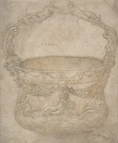 Design for a Bucket-Like Vessel with a Handle of Interlaced Figures, on a Body Adorned with Bucrania, Garlands, and Three…