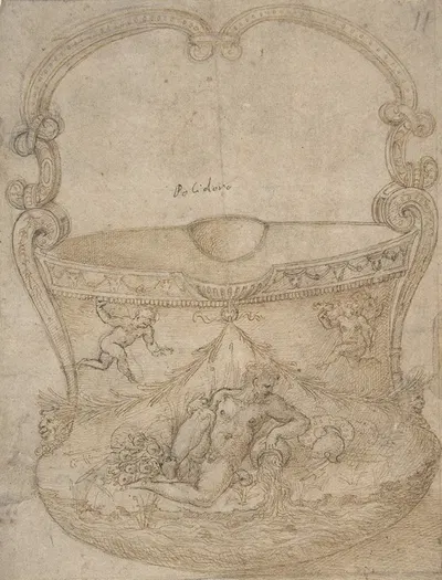 Design for a Bucket-Like Vessel with a Handle of Non-Figural Interlaces, on a Body Adorned with a River God and Two Putti…