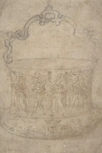 Design for a Bucket-Like Vessel with a Handle of Strapwork, on a Body Adorned with Dancing and Music-Making Antique-Style…