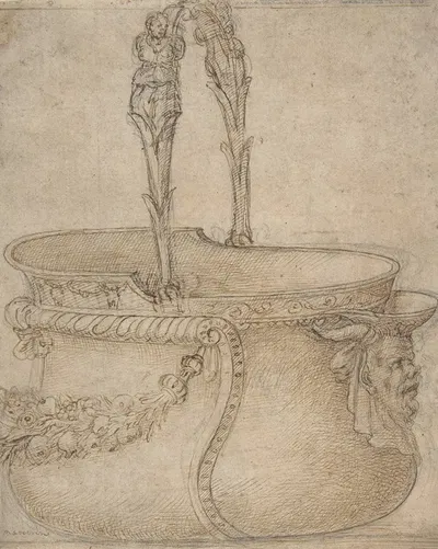 Design for a Bucket-Like Vessel with a Handle of Two Interlaced Captives, on a Body Adorned with a Scroll, Garland, and a…
