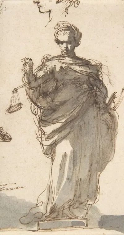 Design for a Statue of Justice with Sketches at Left and Above by Джузеппе Бернардино Бизон — digital art print download