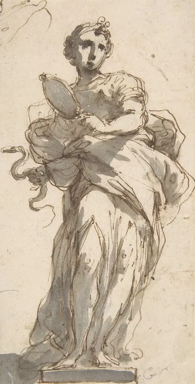 Design for a Statue of Prudence with Sketches at Upper Left Corner by Джузеппе Бернардино Бизон — digital art print download
