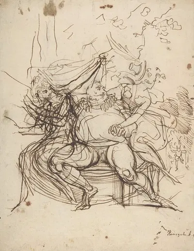 Falstaff with Mrs. Ford and Mrs. Page (Shakespeare, The Merry Wives of Windsor, Act 5, Scene 5) by Henry Fuseli, 1790 —…