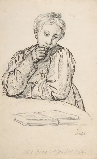 Portrait of Eline Marie Heger as a Child, Leaning on a Table, Looking at a Book by Иоганн Кристиан Даль, 1818 — digital art…