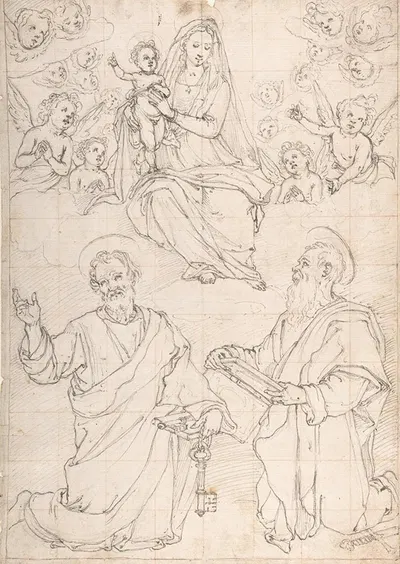 Virgin and Child Appearing in a Glory of Angels to Saint Peter and Saint Paul by Jacopo da Empoli, 1551–1640 — digital art…