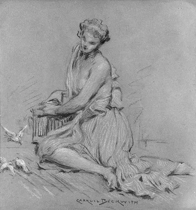 Seated Woman with Birds by Джеймс Кэрролл Беквит — digital art print download