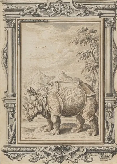 Rhinoceros in a Landscape within an Ornamental Frame by Johann Melchior Füssli — digital art print download