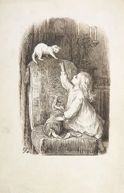 Child Climbing a Chair to Reach for a Kitten by Лоренц Фрёлих, 1835–1903 — digital art print download