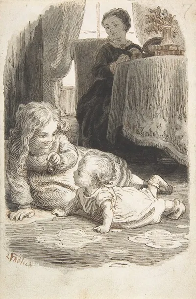 Mother Watching Over Two Young Children Playing by Лоренц Фрёлих, 1835–1903 — digital art print download