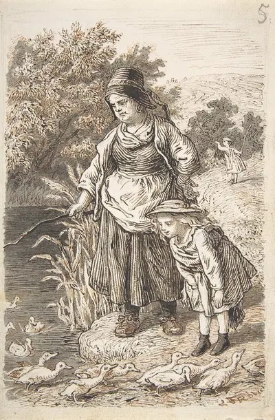 Woman and Child by a Duck Pond by Лоренц Фрёлих, 1835–1903 — digital art print download