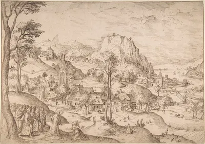 Panoramic Mountainous Estuary Landscape, with Christ and the Woman of Canaan by Лукас Гассель — digital art print download