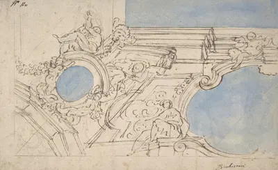 A Foreshortened View of a Ceiling Corner Decorated with Statues, Putti and Garlands by Luigi Garzi — digital art print…