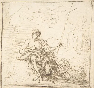 John the Baptist with a Lamb in the Wilderness by Pedro Duque y Cornejo — digital art print download