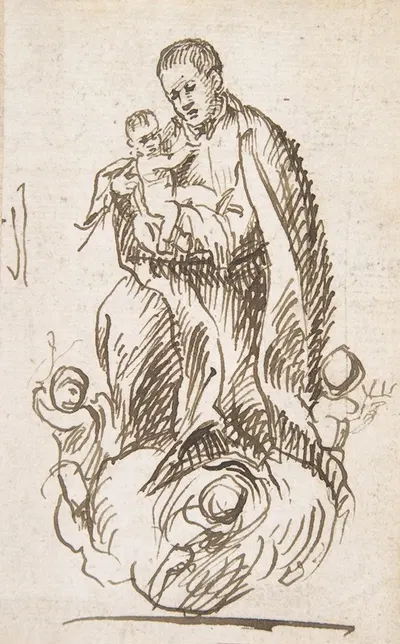 Male Saint standing on clouds supported by putti, holding infant Christ by Pedro Duque y Cornejo — digital art print download