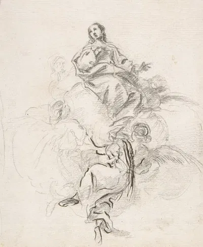 Virgin of the Immaculate Conception Seated on Clouds, Supported by Four Angels by Pedro Duque y Cornejo, 1700–1750 —…