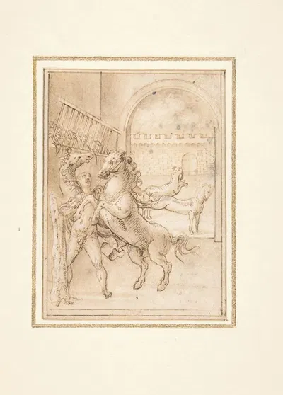 An Allegory; Male Nude in a Stable with Four Wild Horses by Prospero Fontana — digital art print download