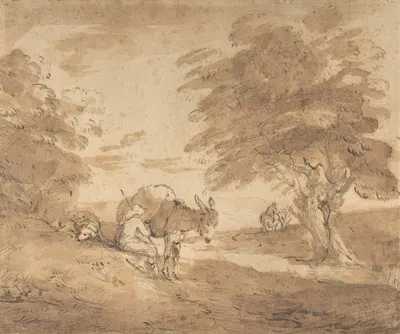 A Rest by the Way (Open Landscape with Figures, Donkey and Horses) by Thomas Gainsborough — digital art print download