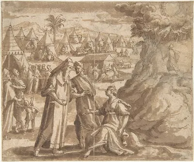 Aaron and Nadab Taking Leave of Elisheba, with the Israelites Camped before Mount Sinai and Moses Ascending the Mountain.…