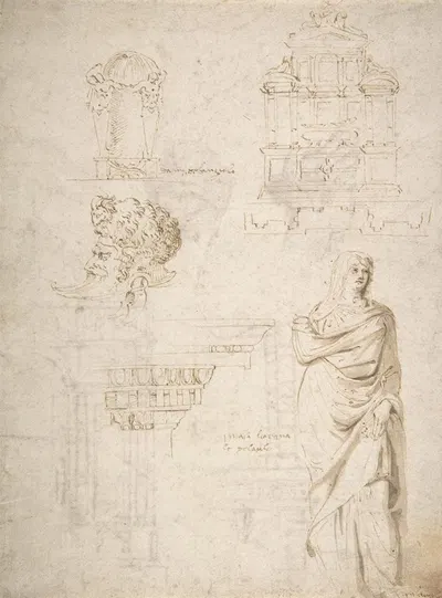 Sketches of a Funeral Monument, a Niche with Statues, a Helmet in the Shape of a Human Head, an Entablature and a Female…