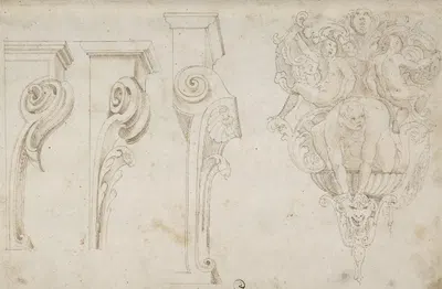 Design for Three Consoles Decorated with Foliage and Volutes and a Console with a Satyr Head Surmounted by Three Human…