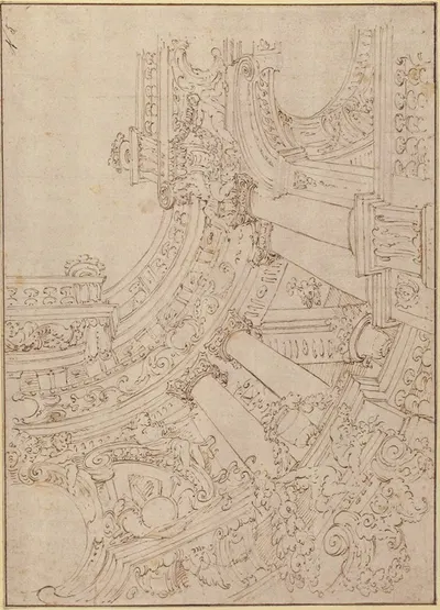 Foreshortened View of a Ceiling Corner Decorated with Columns, Urns and Putti Handing Garlands by Агостино Мителли —…