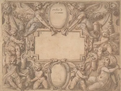 A Cartouche and Two Shields Surrounded by Allegorical Figures. by Andrea Lilio, 1570–1631 — digital art print download