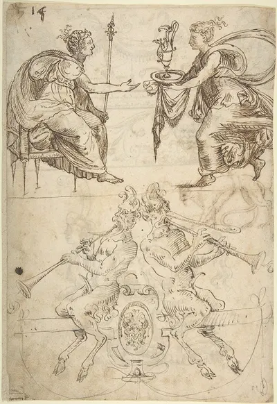 Sheet with multiple Designs; Figurative Scene with Two Women (top) and Two Satyrs Playing Horns, Seated Back to Back…