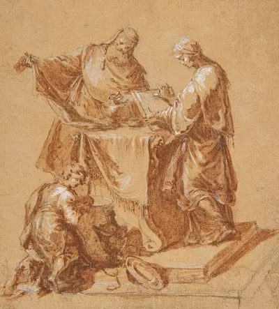 A High-Priest, the Prophetess Anna and a Kneeling Boy around a Table by Anton Kern, 1745 — digital art print download