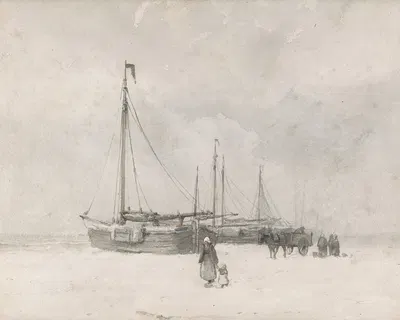 Fishing Boats on the Beach in Winter by Антон Мауve — digital art print download