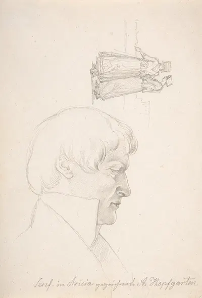 Study Sheet with a Portrait of Carl Julius Senff and Two Italian Women Walking by August Ferdinand Hopfgarten — digital art…