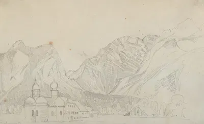 Sketch of the Church of Sankt Bartholomä at the Königsee at the foot of the Watzmann Seen from the East by August Heinrich…