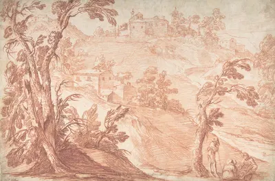 Hilly Landscape with Three Figures by Aureliano Milani, 1675–1749 — digital art print download