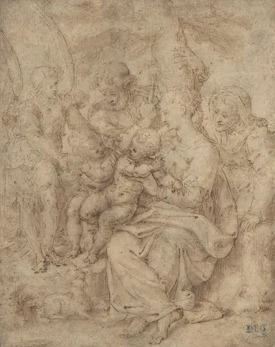 The Holy Family with the Infant Baptist, Saint Elizabeth, and an Attendant Angel by Aurelio Luini — digital art print…