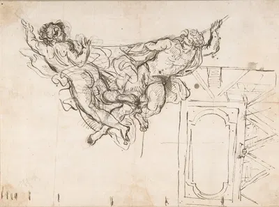 Study for Nude Male Figures Supporting a Frame and Plan of the Ceiling Decoration of Palazzo Altieri, Rome by Карло…