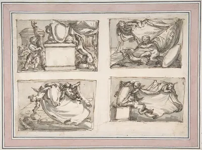 Four Sketches of Putti Hanging Coat of Arms by Carlo Marchionni — digital art print download