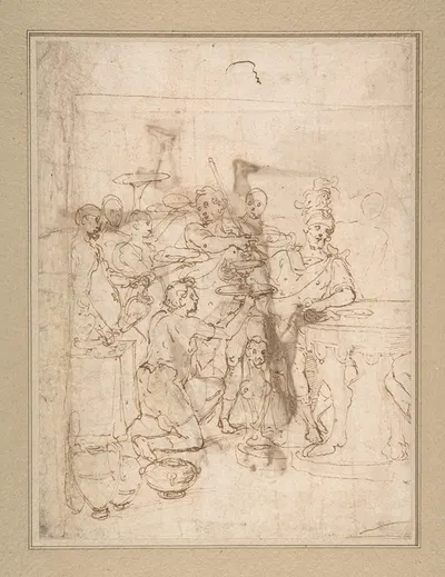 Banquet Scene; A Seated Warrior Attended by a Number of Servants by Cesare Nebbia, 1536–1614 — digital art print download