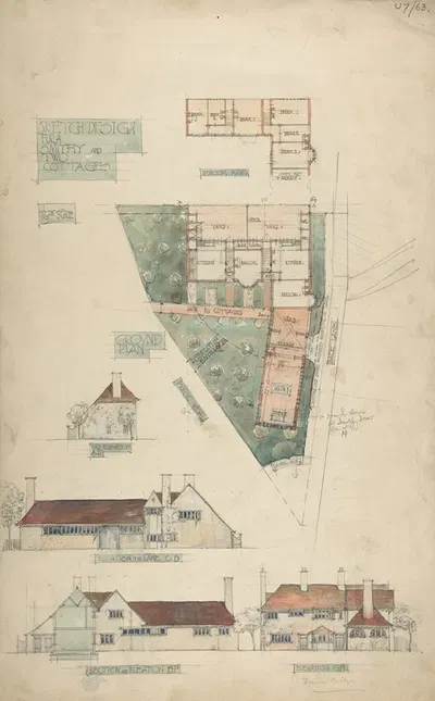 Design for a Smithy and Two Cottages by Charles Edward Mallows — digital art print download