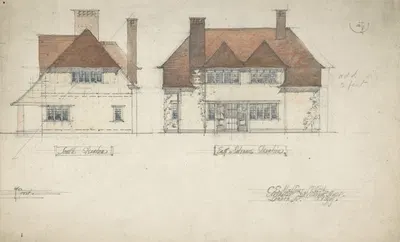 South Elevation and East or Entrance Elevation of a House by Charles Edward Mallows, 1909 — digital art print download
