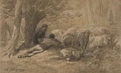 Tending the Sheep by Шарль Эмиль Жак — digital art print download