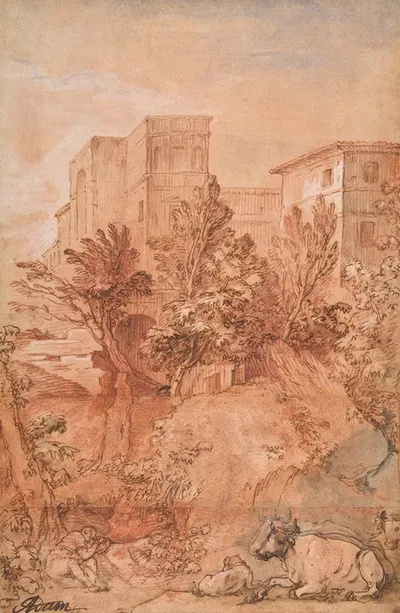 Landscape with a Large Villa on a Hilltop by Шарль-Жозеф Натоир, 1759 — digital art print download